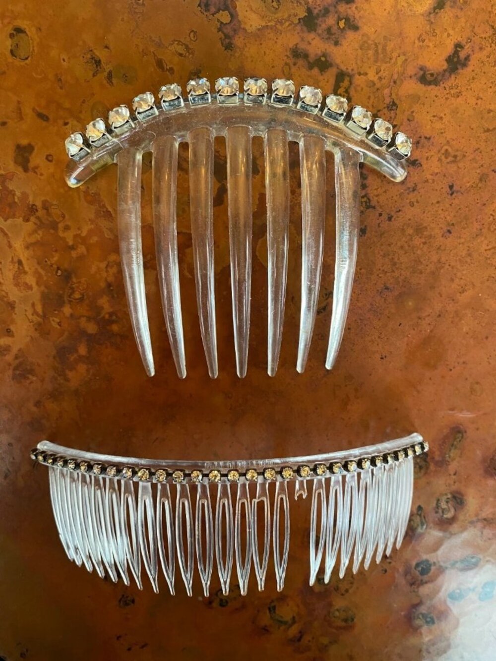 2 Early Century Rhinestone Hair Pick Jewelry Lucite Jeweled Comb Clear Crystals